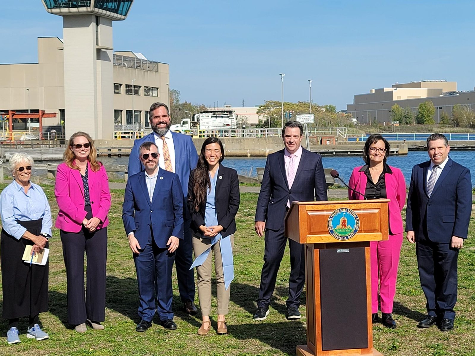 Erika speaking at a press conference on water and climate infrastructure